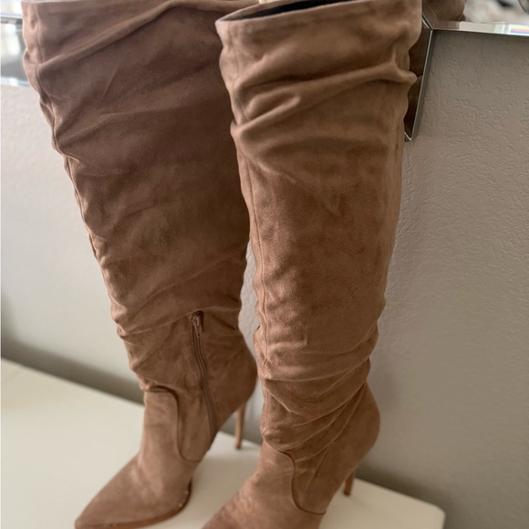 Elegant Tan Micro-Suede Knee-High Boots 4” heels - Picture 3 of 4
